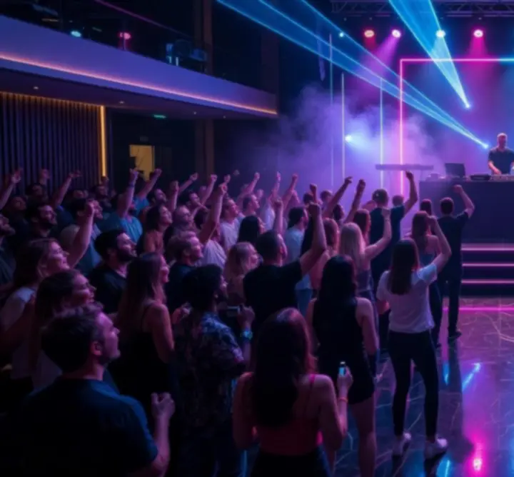Színpadi fényekkel és vendégekkel teli élő esemény After Dark Events szervezésében.