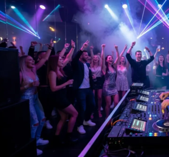 DJ élőben kever zenét színpadi fényekkel