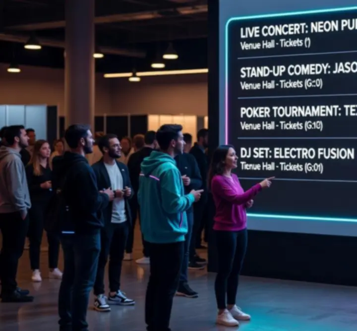 Különböző élő koncertek, stand-up estek, DJ partik és közösségi események vizuális összeállítása.